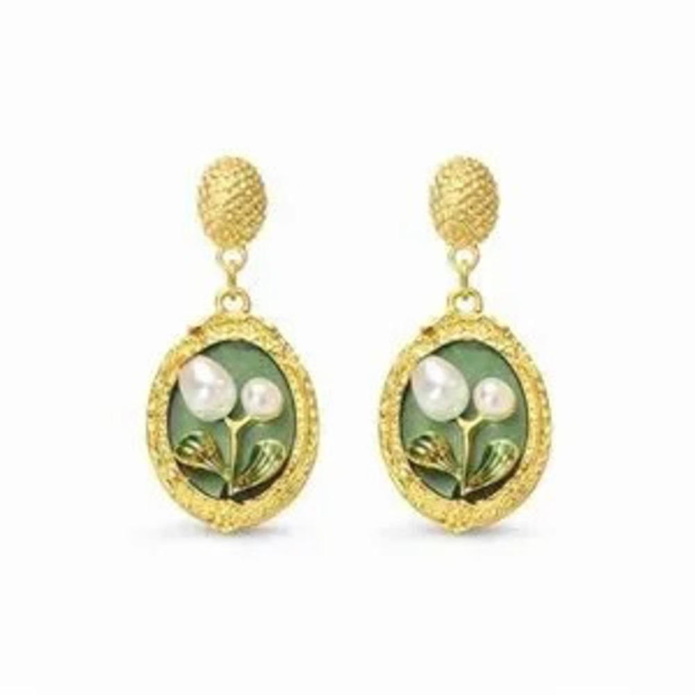 Floral Gold and Green Earrings With Pearl Accents